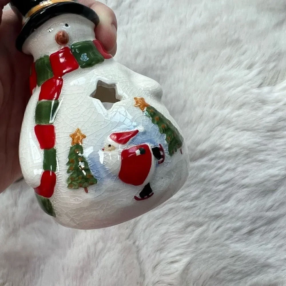 NIB Russ Christmas Holiday Tea Light Holder Snowman Votive Candle Ceramic NEW